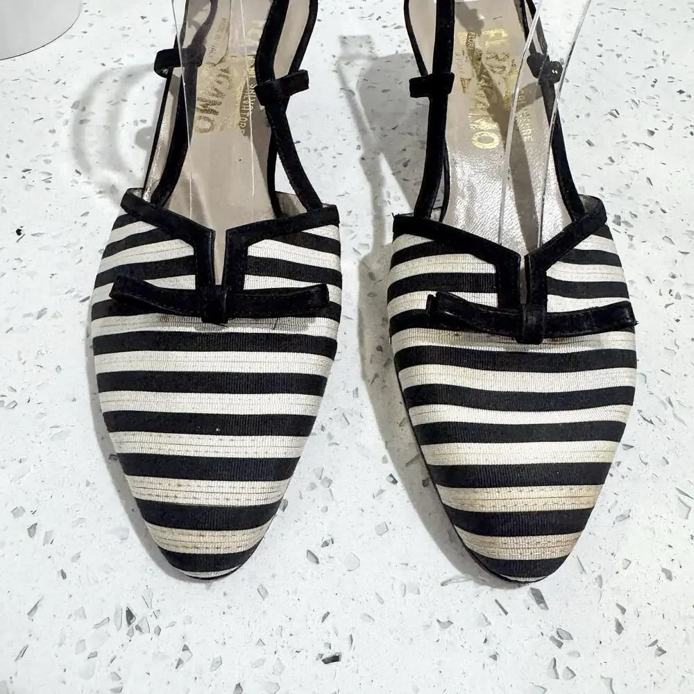 Salvatore Ferragamo striped slingback kitten heels Black Cream Striped Pointed 7